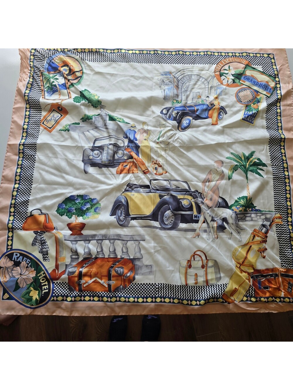 Vintage Italian Silk Scarf 34" Square Luxury Hotel Travel Classic Cars Luggage